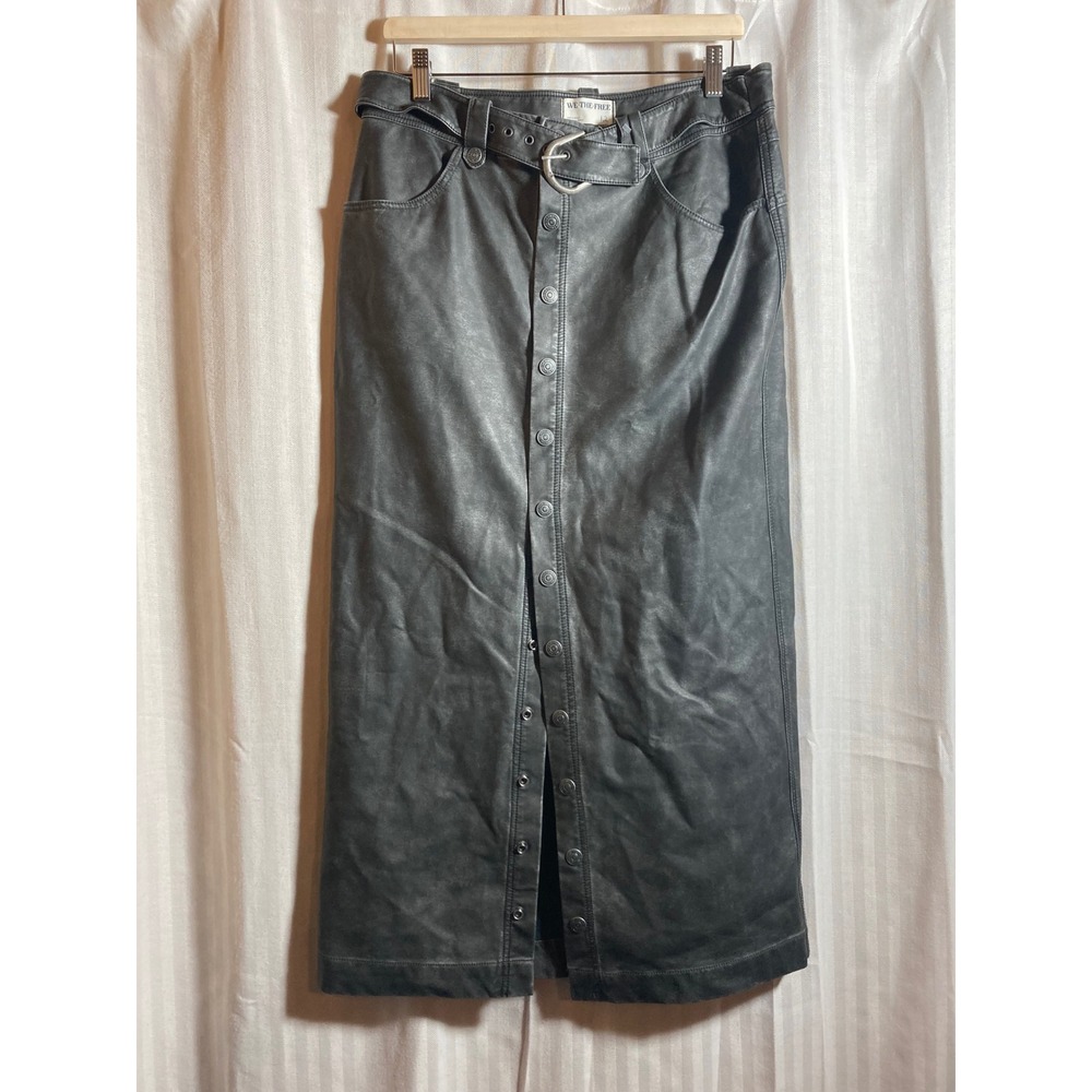 We The Free Free People Vegan Leather Maxi Skirt Black Wash Button Front Belt 12